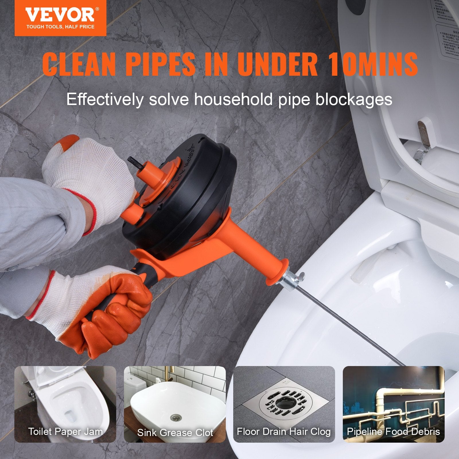 Drain Auger 25Ft, Plumbing Snake With Drill Attachment, Plumbers Snake Drain Clog Remover For Kitchen Bathroom Shower Sink With Protective Hose And Gloves