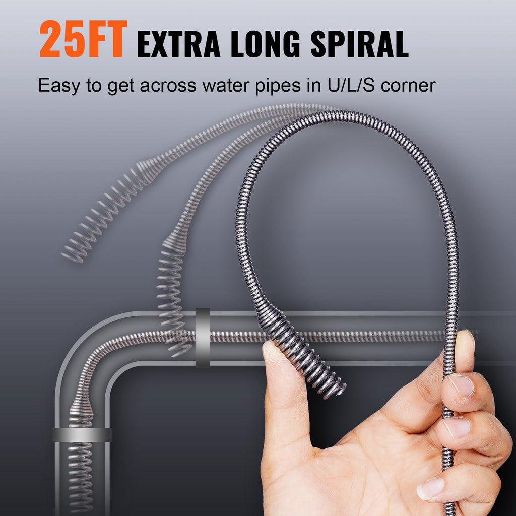 Drain Auger 25Ft, Plumbing Snake With Drill Attachment, Plumbers Snake Drain Clog Remover For Kitchen Bathroom Shower Sink With Protective Hose And Gloves